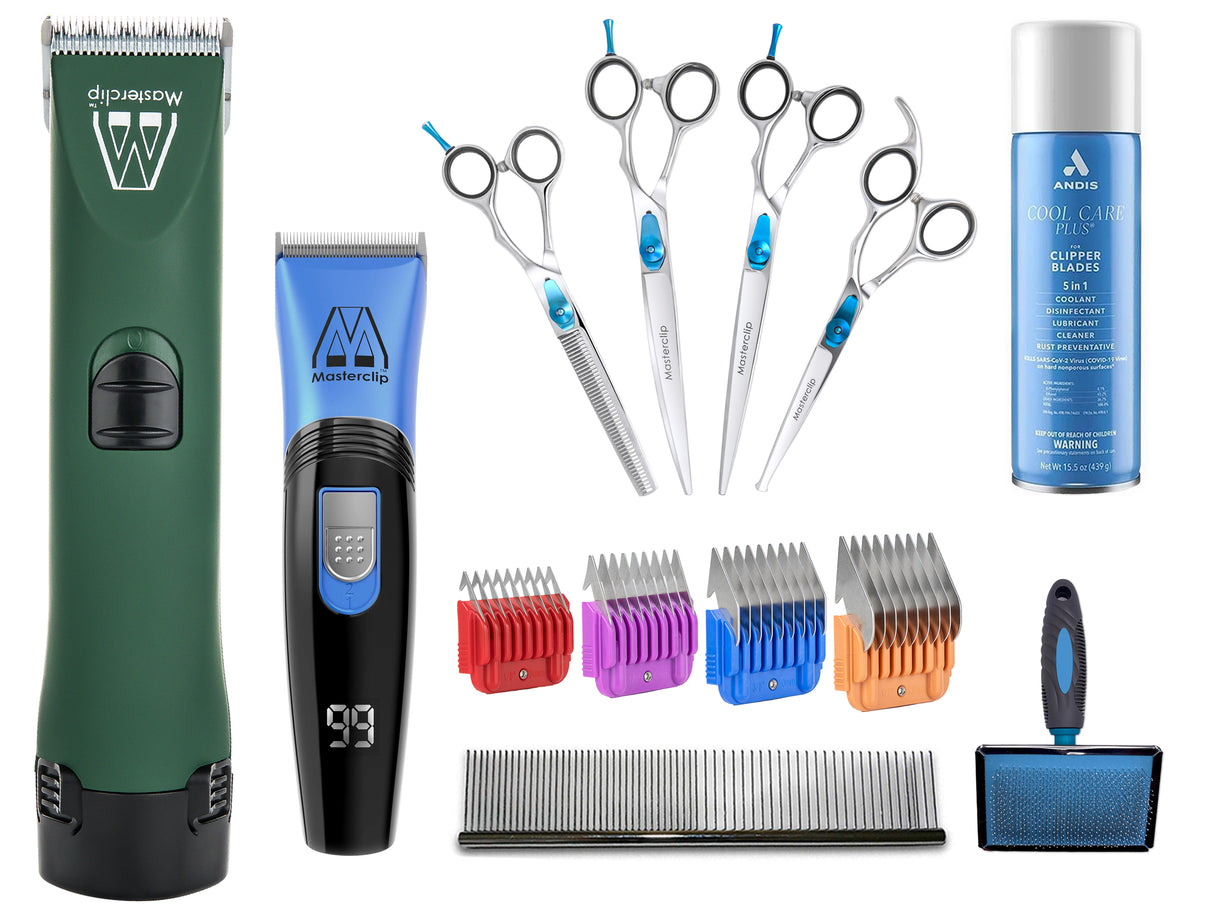 Professional Cordless Groomer Starter Pack - MD Roamer Clipper & 10 Blade with 4 Metal Comb Guides & Showmate II Trimmer, Slicker Brush and Pack of 4 Scissors. FREE Comb & Andis Cool Care