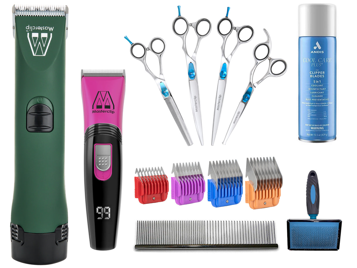 Professional Cordless Groomer Starter Pack - MD Roamer Clipper & 10 Blade with 4 Metal Comb Guides & Showmate II Trimmer, Slicker Brush and Pack of 4 Scissors. FREE Comb & Andis Cool Care