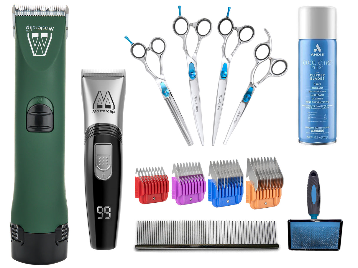 Professional Cordless Groomer Starter Pack - MD Roamer Clipper & 10 Blade with 4 Metal Comb Guides & Showmate II Trimmer, Slicker Brush and Pack of 4 Scissors. FREE Comb & Andis Cool Care