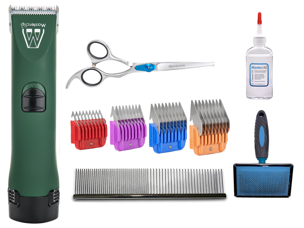 Cordless Home Grooming Starter Pack - MD Roamer Dog Clipper & 10 Blade with 4 Metal Comb Guides, Slicker Brush & Bull Nose Scissor. FREE Metal Comb & Clipper Oil