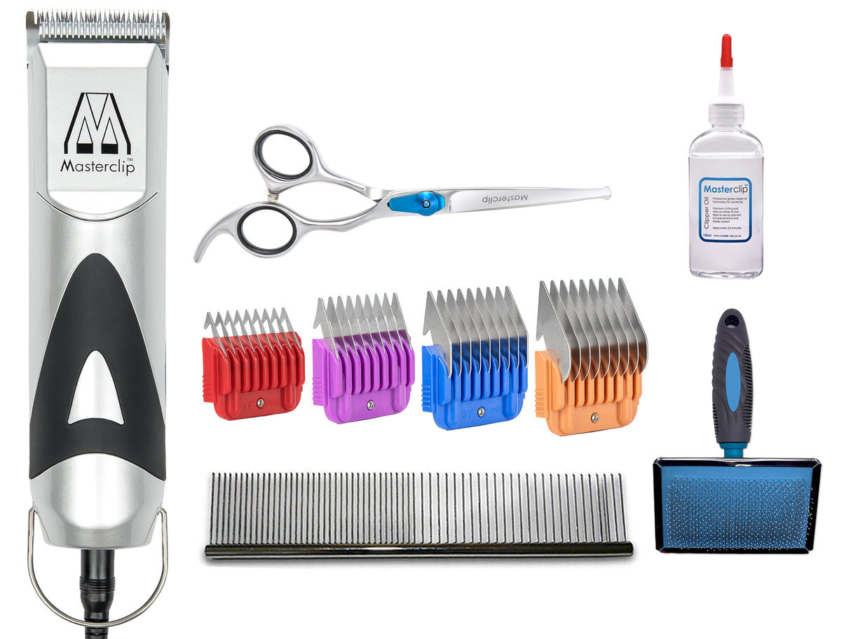 Home Grooming Starter Pack - Pedigree Pro Clipper & 10 Blade with 4 Metal Comb Guides, Slicker Brush, & Bull Nose Scissor. FREE Metal Comb & Clipper Oil