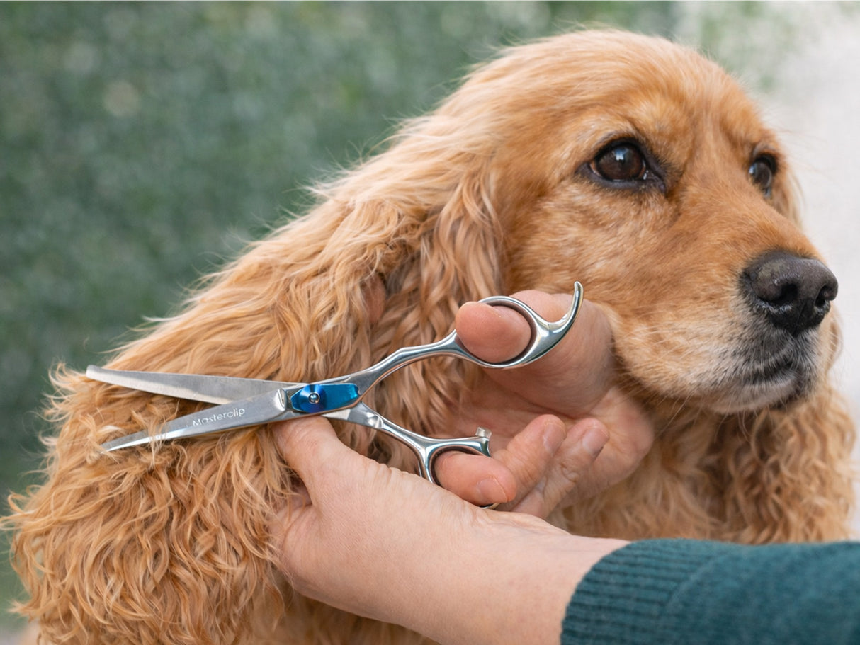 Masterclip essential bull nose safety scissors trimming a cocker spaniels ears - action shot