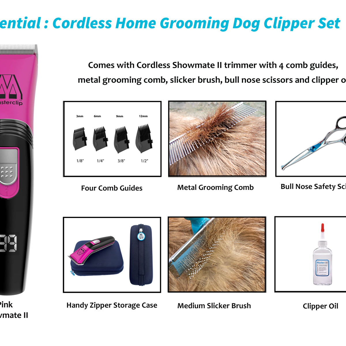 Essential Pink Cordless Home Grooming Dog Clipper Set Masterclip