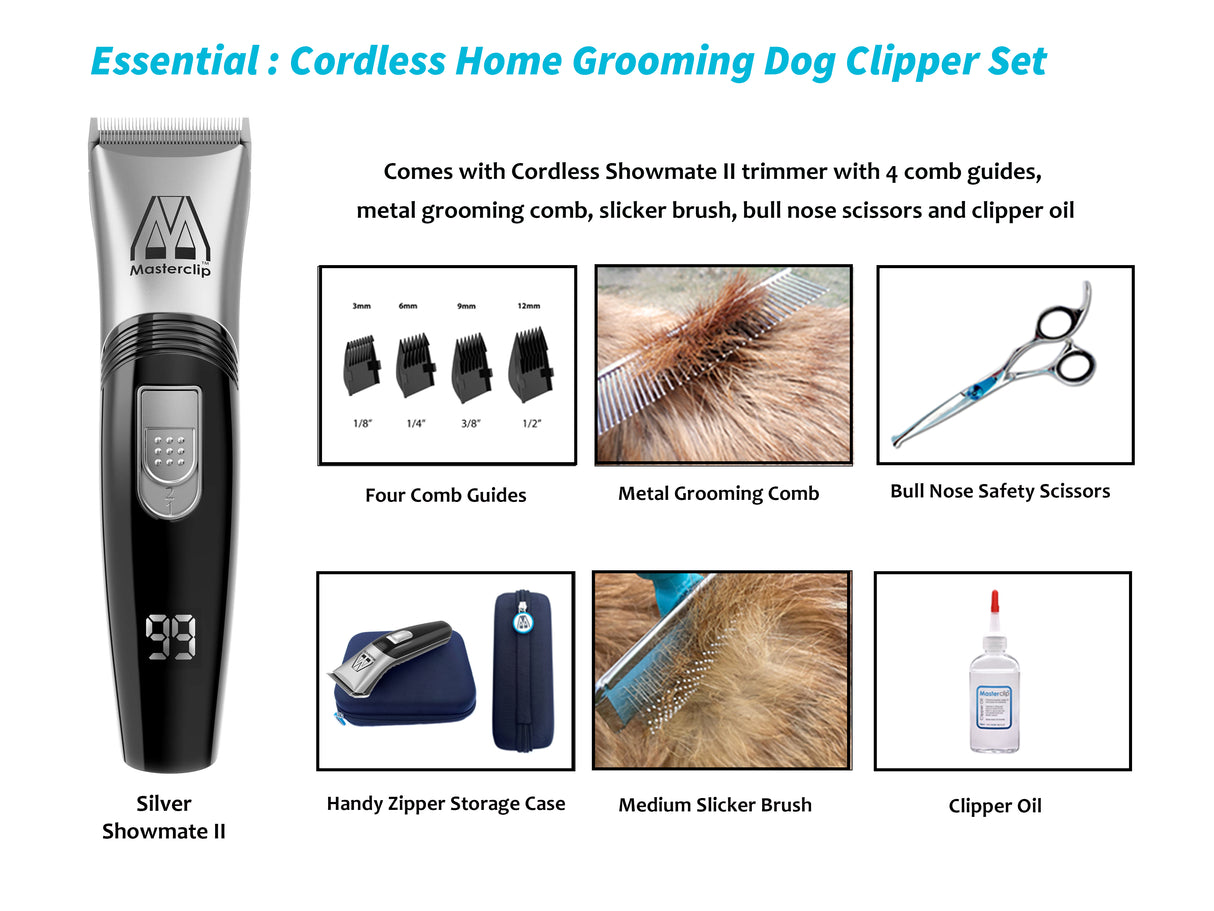 Essential | Silver Cordless Home Grooming Dog Clipper Set