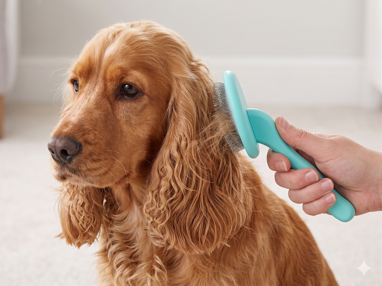 Masterclip flexi-pin super slicker brush brushing a cocker spaniel - action shot