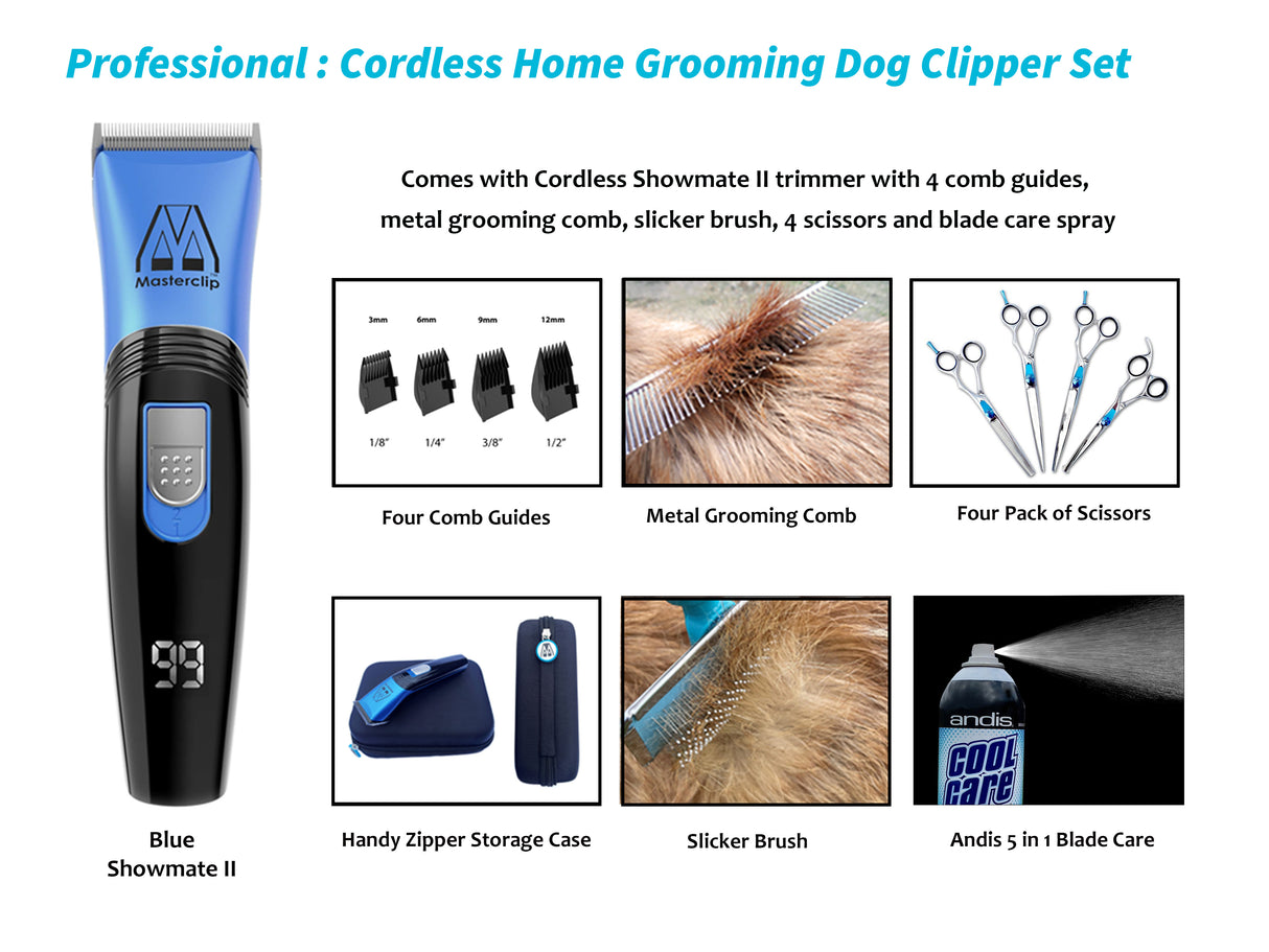 Professional | Blue Cordless Home Grooming Dog Clipper Set