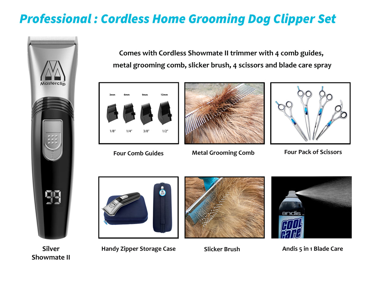 Professional | Silver Cordless Home Grooming Dog Clipper Set