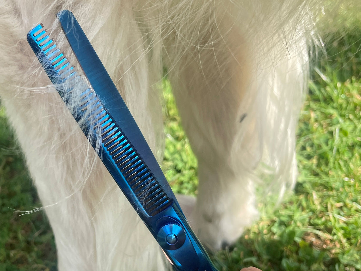 TOPAZ - 6.5” Premium High Gloss Blue Thinning Dog Grooming Scissors Shears | Right Handed