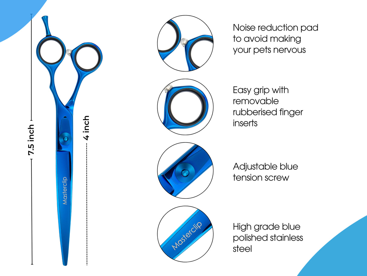 TOPAZ - 7.5” Premium High Gloss Blue Finishing Dog Grooming Scissors Shears | Right Handed