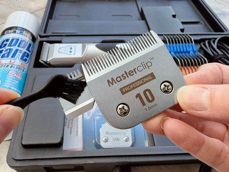 A close up of the masterclip professional 10F clipper blade during cleaning using a cleaning brush to clear away trapped hair from the cutting surface.
