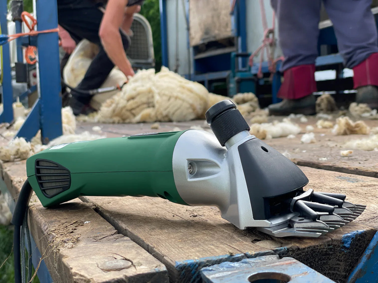 The Green Ewe 2000 Sheep Shears on a shearing platform