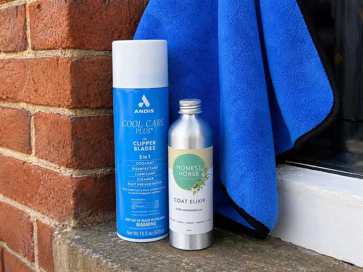 Clipping Essentials Bundle | Andis 5-in-1 Blade Care Spray, Organic Coat Elixir & Microfibre Hot Cloth