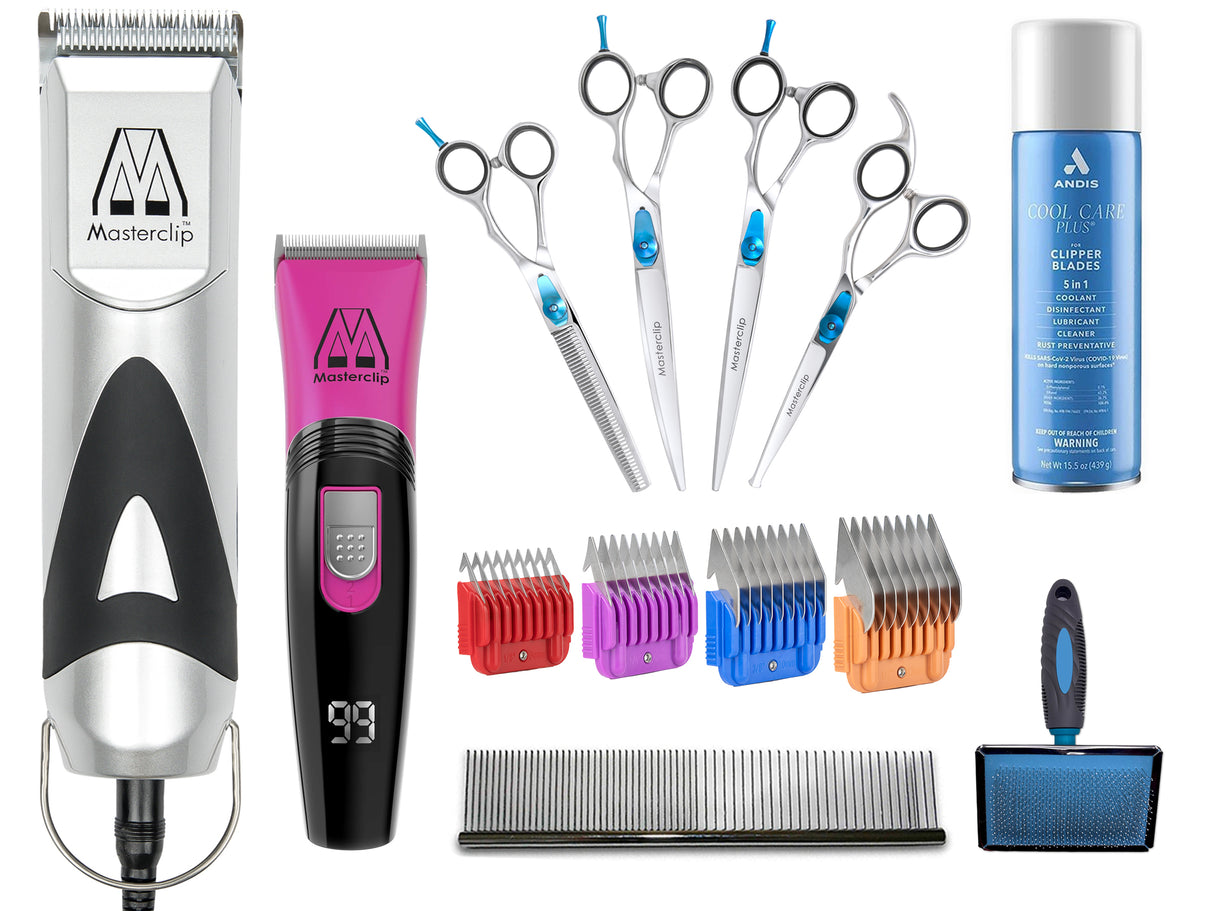 Professional Groomer Starter Pack – Includes Pedigree Pro Clipper & 10 Blade with 4 Metal Comb Guides, Showmate II Trimmer, Slicker Brush & Pack of 4 Scissors. FREE Comb & Andis Cool Care