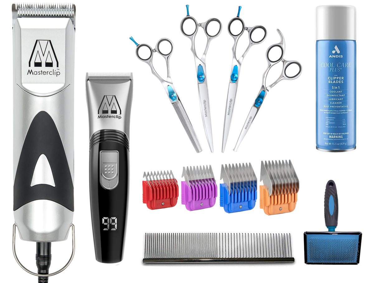 Professional Groomer Starter Pack – Includes Pedigree Pro Clipper & 10 Blade with 4 Metal Comb Guides, Showmate II Trimmer, Slicker Brush & Pack of 4 Scissors. FREE Comb & Andis Cool Care