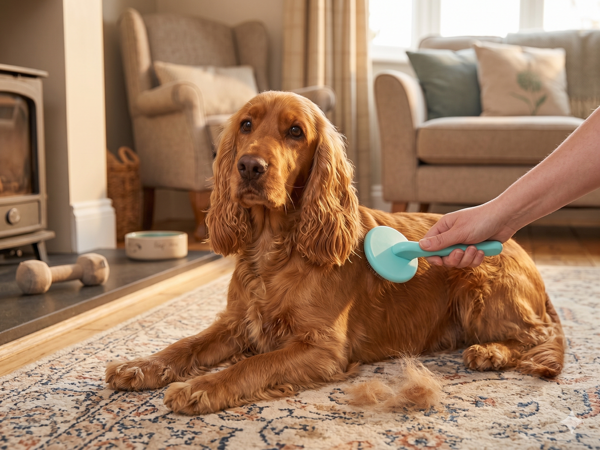 Masterclip super slicker flexi-pin brush grooming a cocker spaniel - action shot