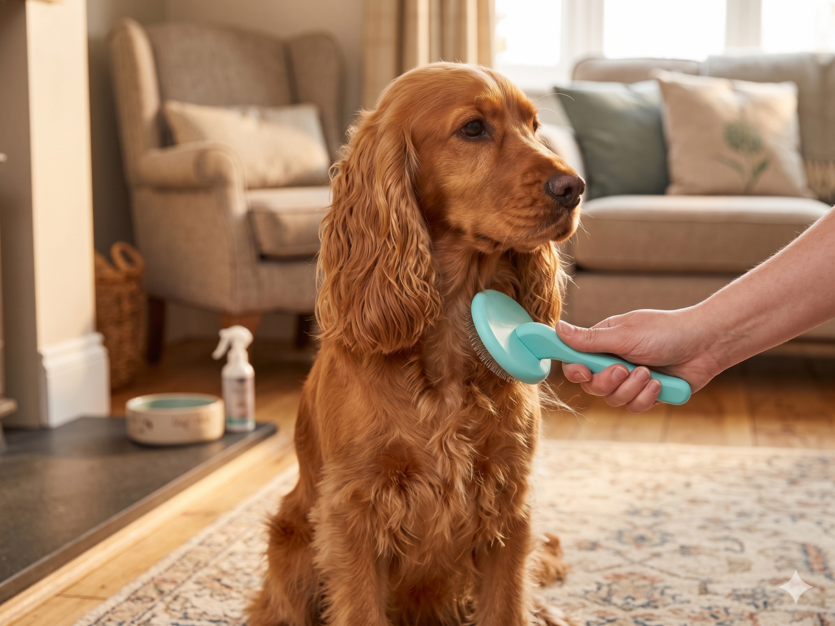 Masterclip super slicker with flexi-pins brushing a cocker spaniel - action shot