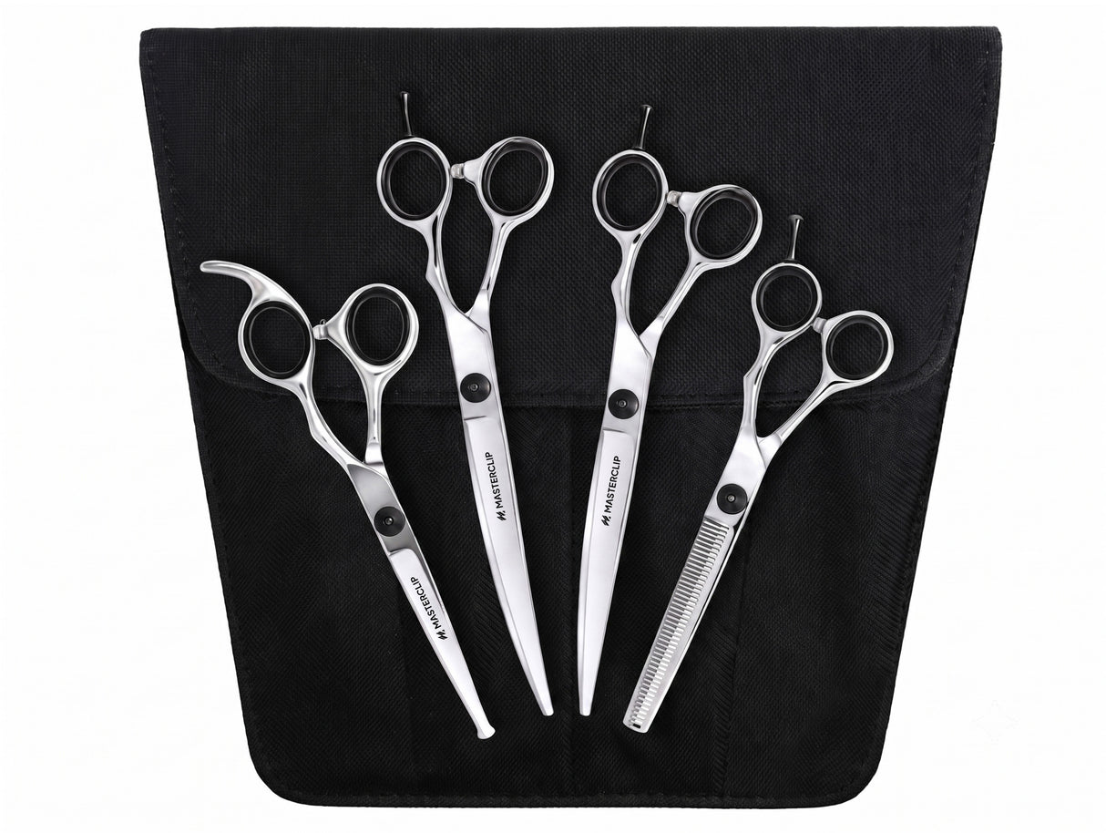 ESSENTIALS - Set of 4 Dog Grooming Scissors | Right Handed BLACK with FREE storage wallet