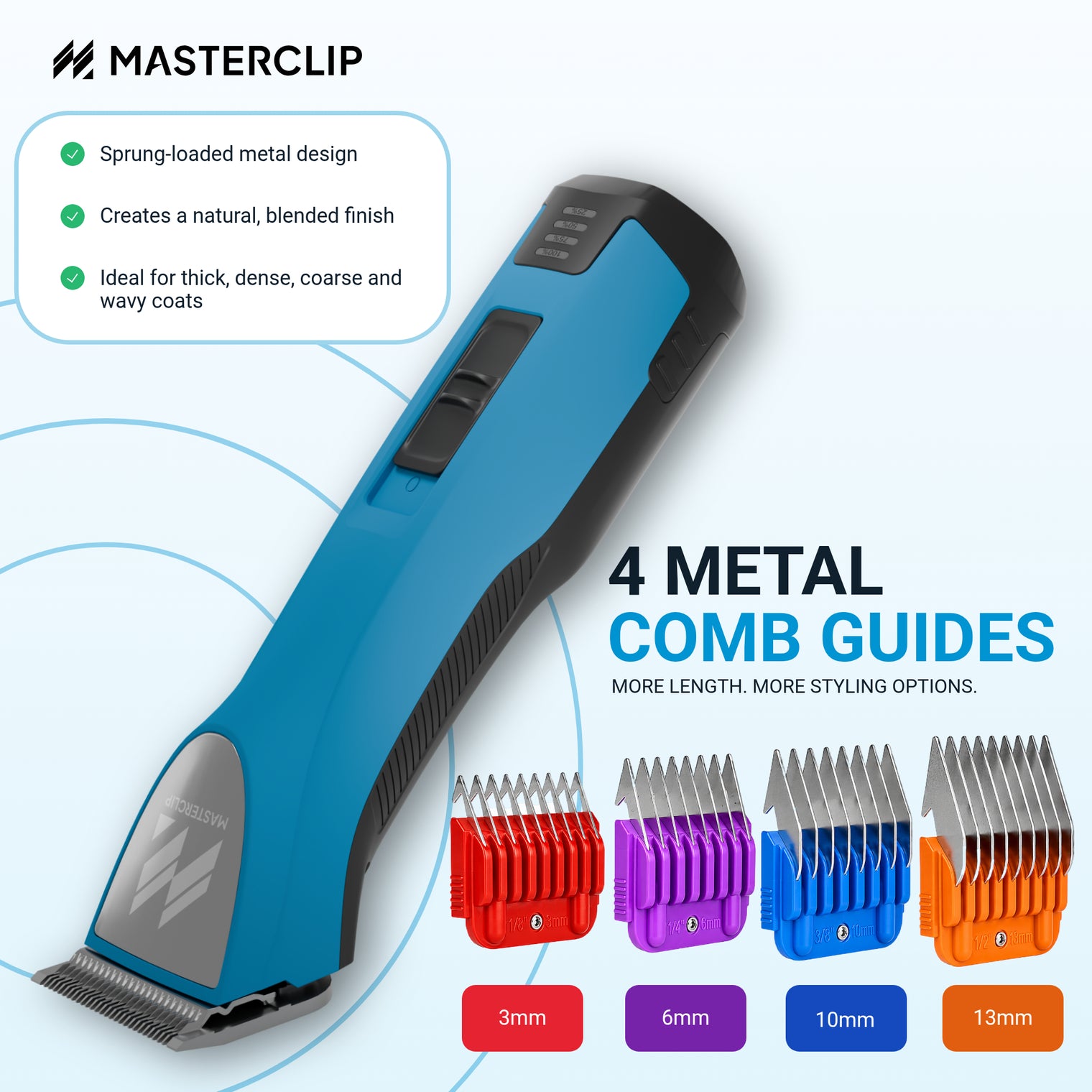 Masterclip MAX with four metal comb guides in 3 mm, 6 mm, 10 mm and 13 mm