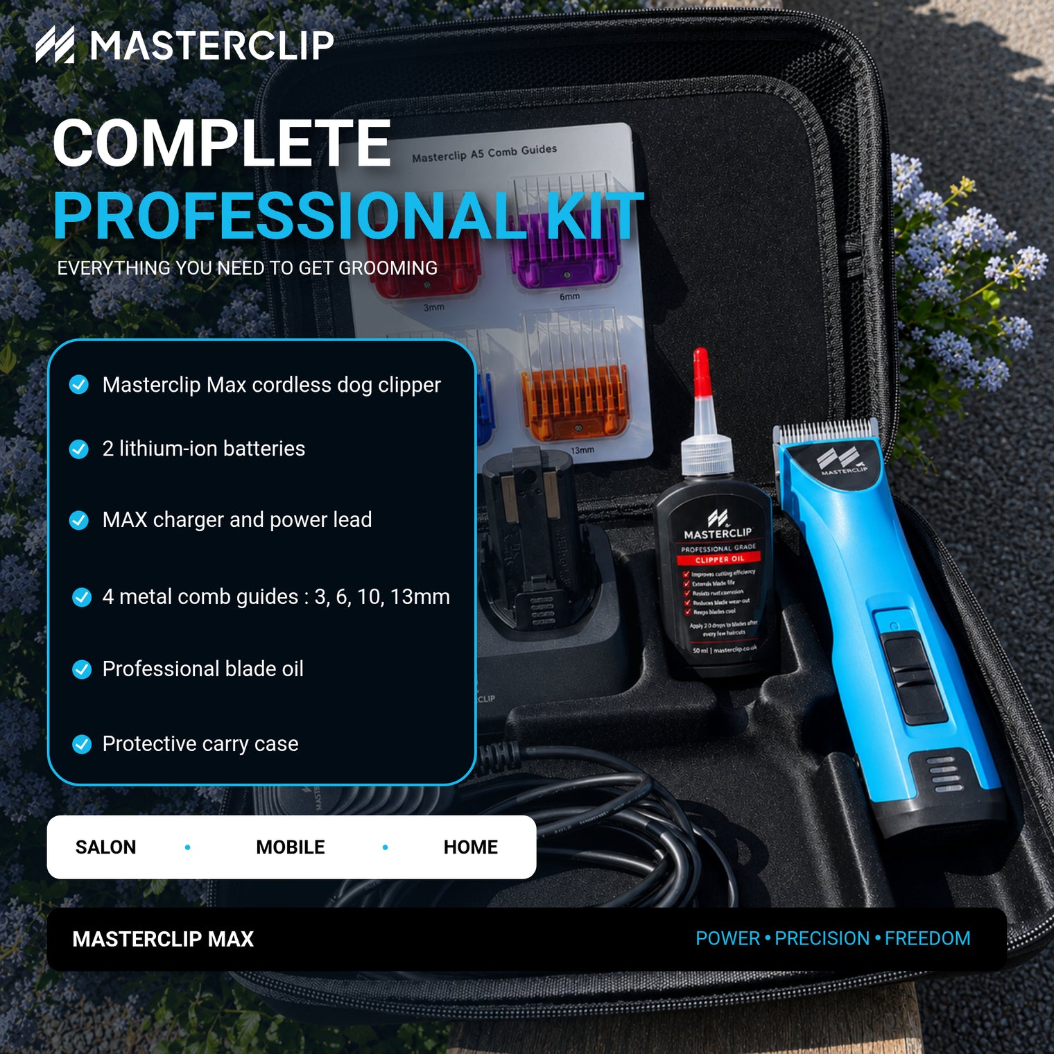 Masterclip MAX complete kit: clipper, two batteries, charger, four comb guides, blade oil and carry case