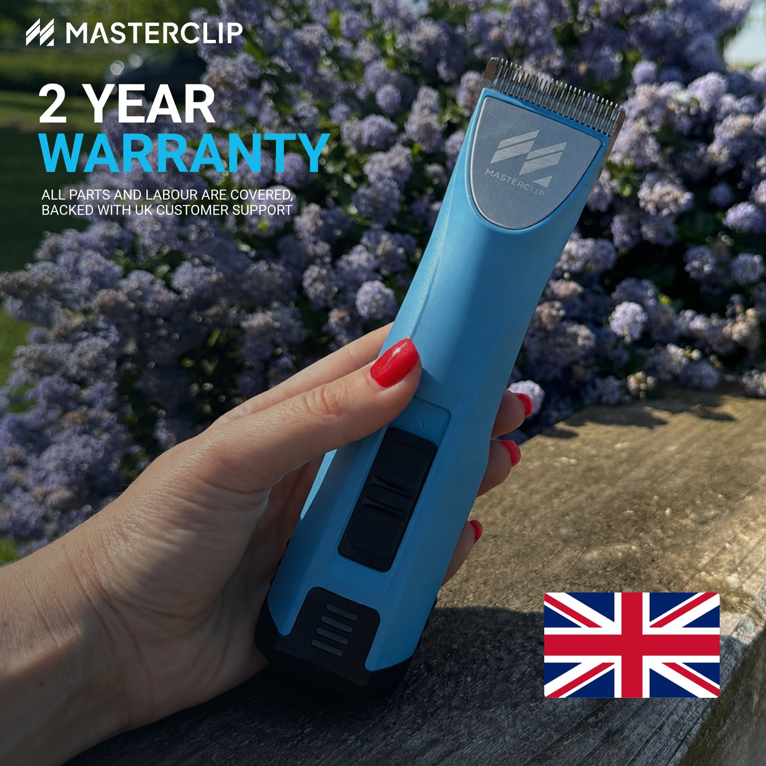 Masterclip MAX held in hand — 2-year warranty covering all parts and labour, backed by UK customer support