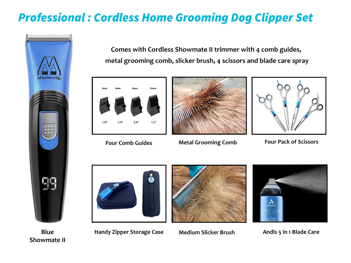 Professional | Blue Cordless Home Grooming Dog Clipper Set