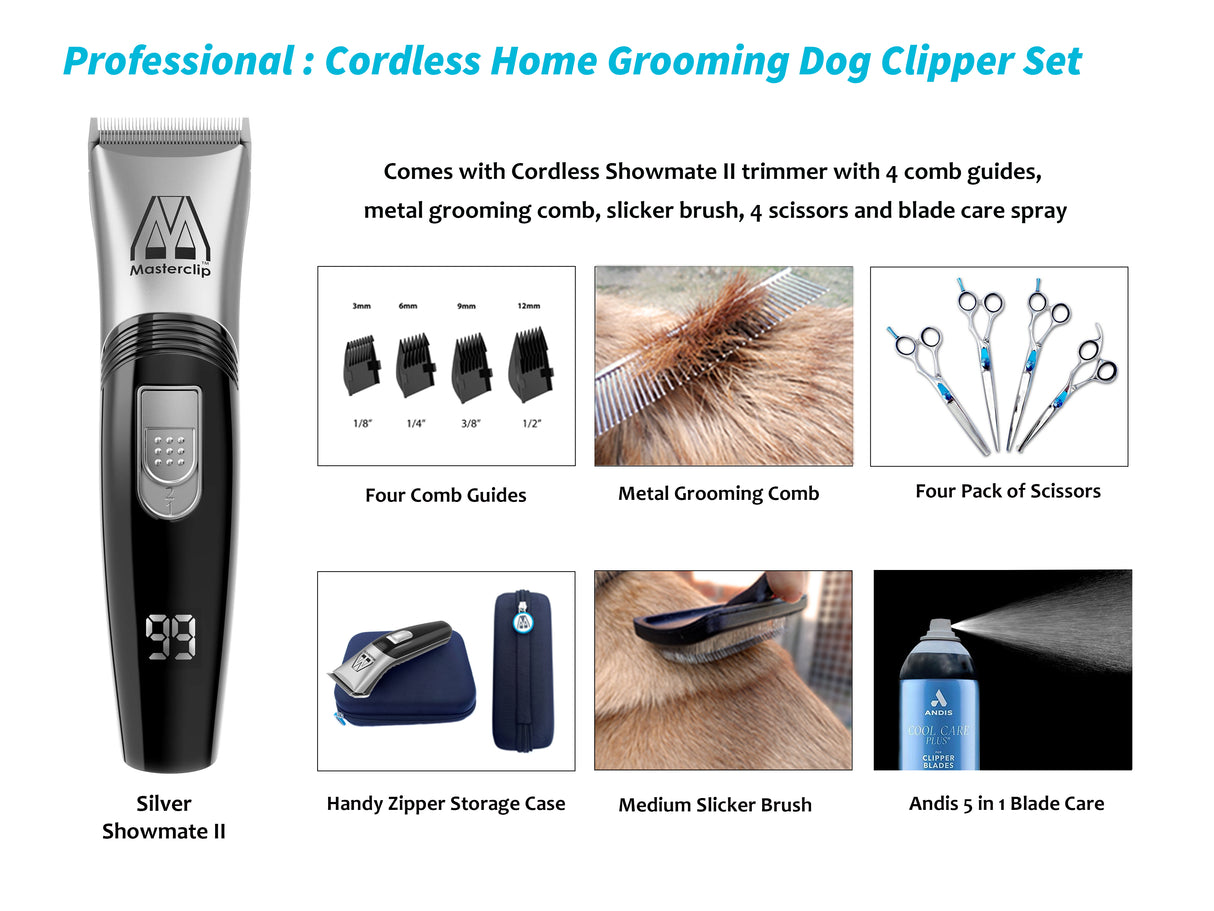 Professional | Silver Cordless Home Grooming Dog Clipper Set