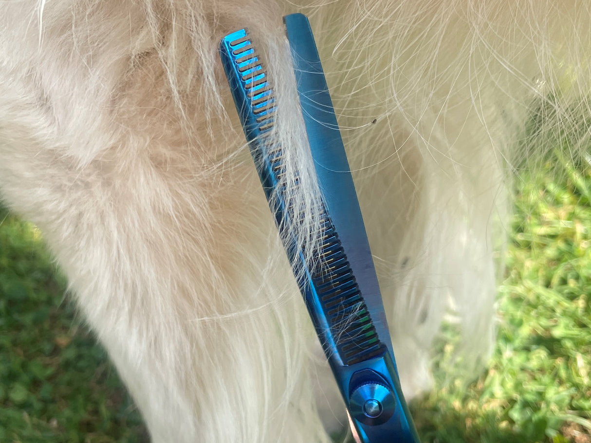 TOPAZ - 6.5” Premium High Gloss Blue Thinning Dog Grooming Scissors Shears | Right Handed