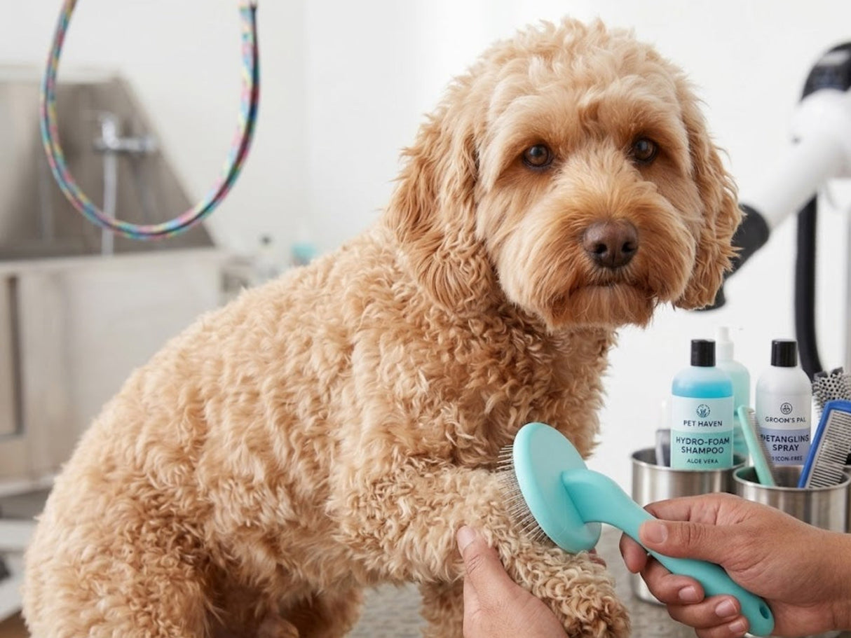 Cockapoo being brushed on the front paw with the Masterclip super slicker - action shot