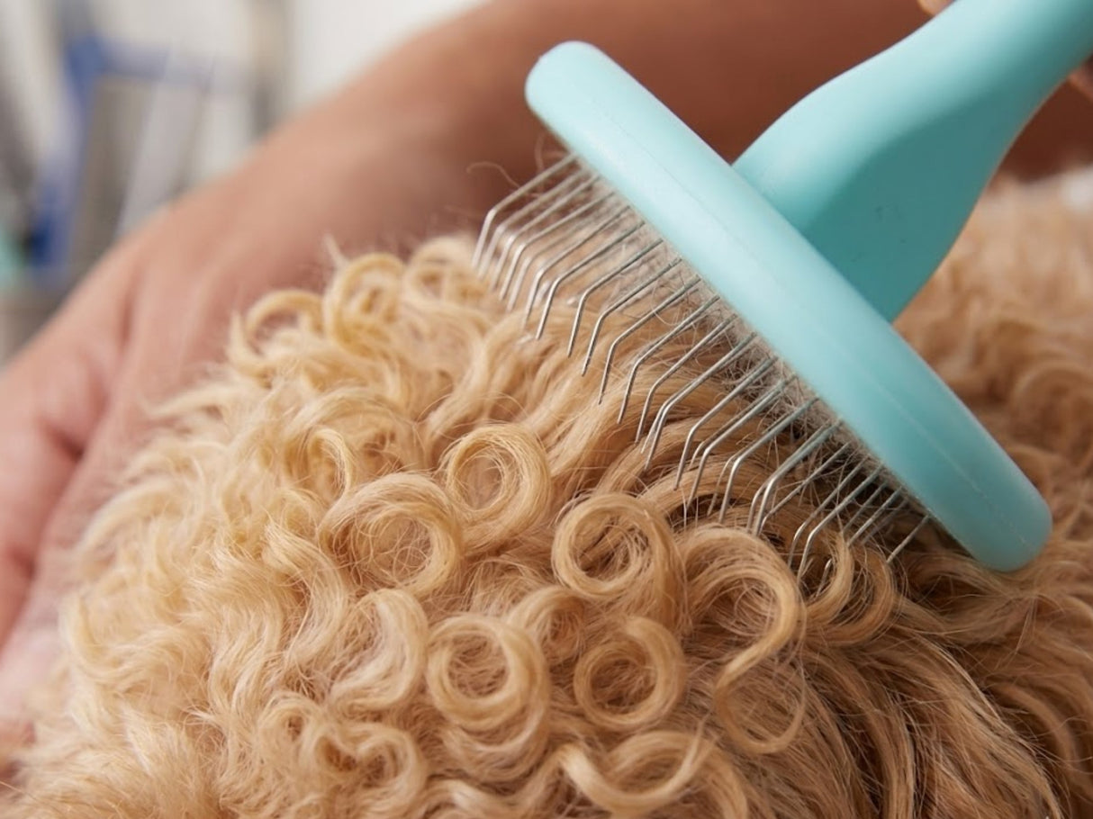 angled prongs of the Masterclip super slicker brush going through a long curly cockapoo coat - close up shot