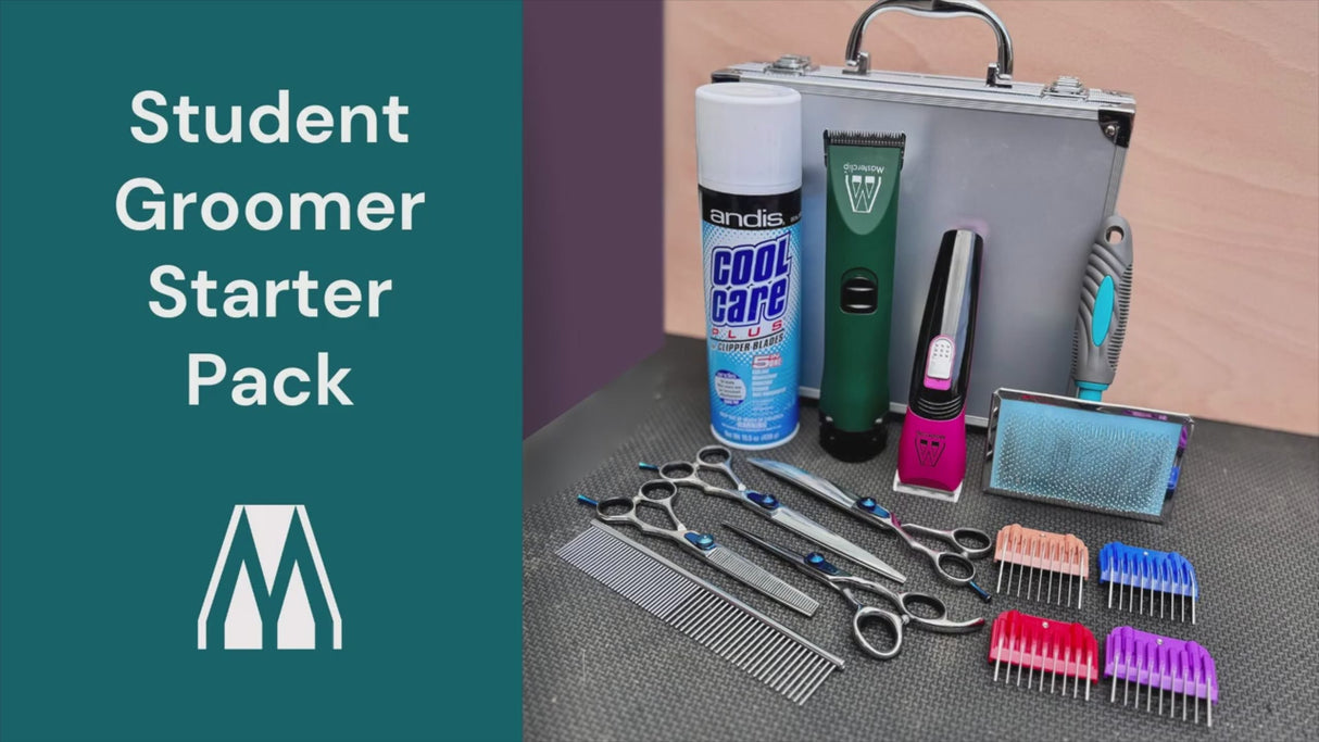 Professional Cordless Groomer Starter Pack - MD Roamer Clipper & 10 Blade with 4 Metal Comb Guides & Showmate II Trimmer, Slicker Brush and Pack of 4 Scissors. FREE Comb & Andis Cool Care